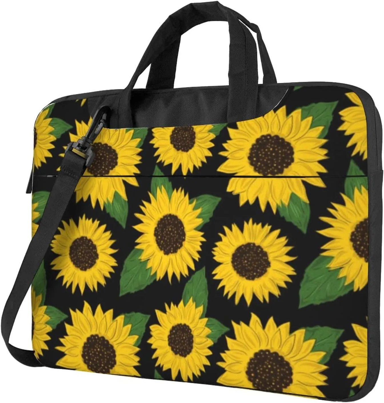 Yellow Sunflowers Floral On Black Stylish 13-15.6 Inch Laptop Bag For Man And Women, Computer Messenger Bag, Trendy Shoulder Strap Design