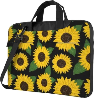 Yellow Sunflowers Floral On Black Stylish 13-15.6 Inch Laptop Bag For Man And Women, Computer Messenger Bag, Trendy Shoulder Strap Design