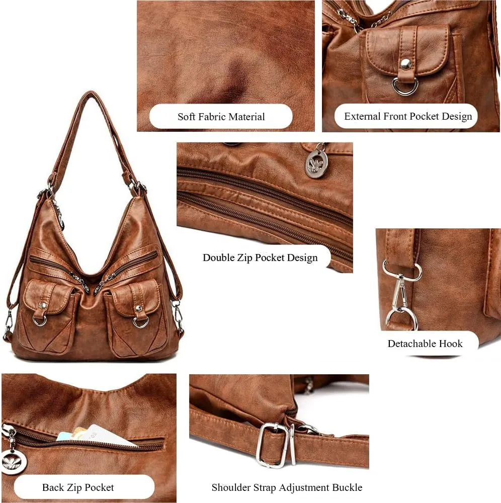 ZiMing Vintage Women Handbags Purses Soft PU Leather Shoulder Bag Hobo Handbag Tote Bags Backpack Stylish Satchel Zip Pocket