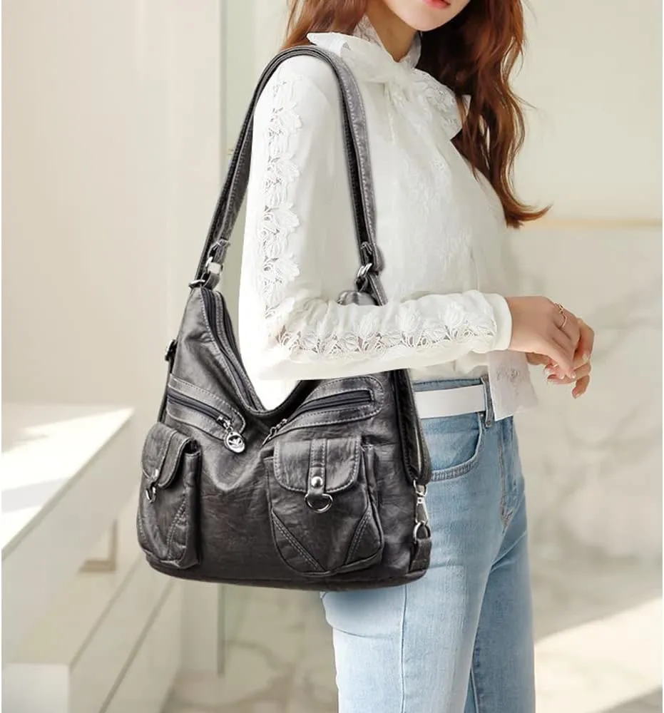 ZiMing Vintage Women Handbags Purses Soft PU Leather Shoulder Bag Hobo Handbag Tote Bags Backpack Stylish Satchel Zip Pocket