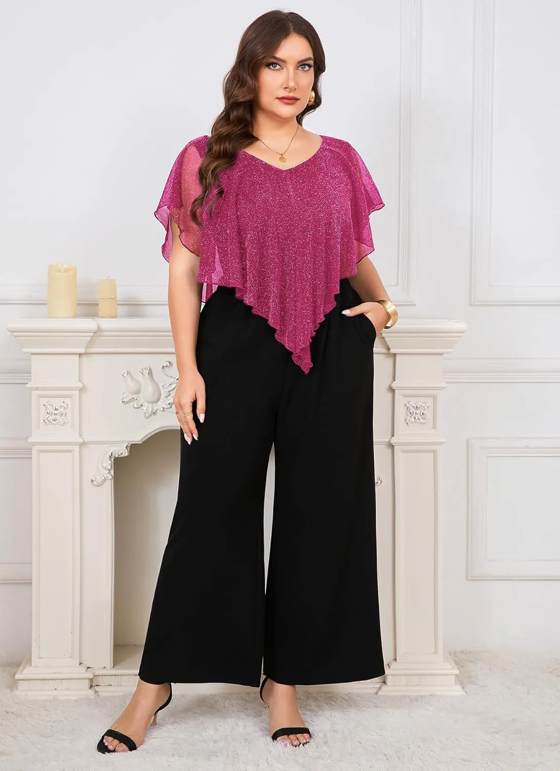 ZOMVA Plus Size Womens Pant Suit Sparkly Mesh V Neck Wide Leg Mother of The Bride Pant Suits with Pockets Evening Party
