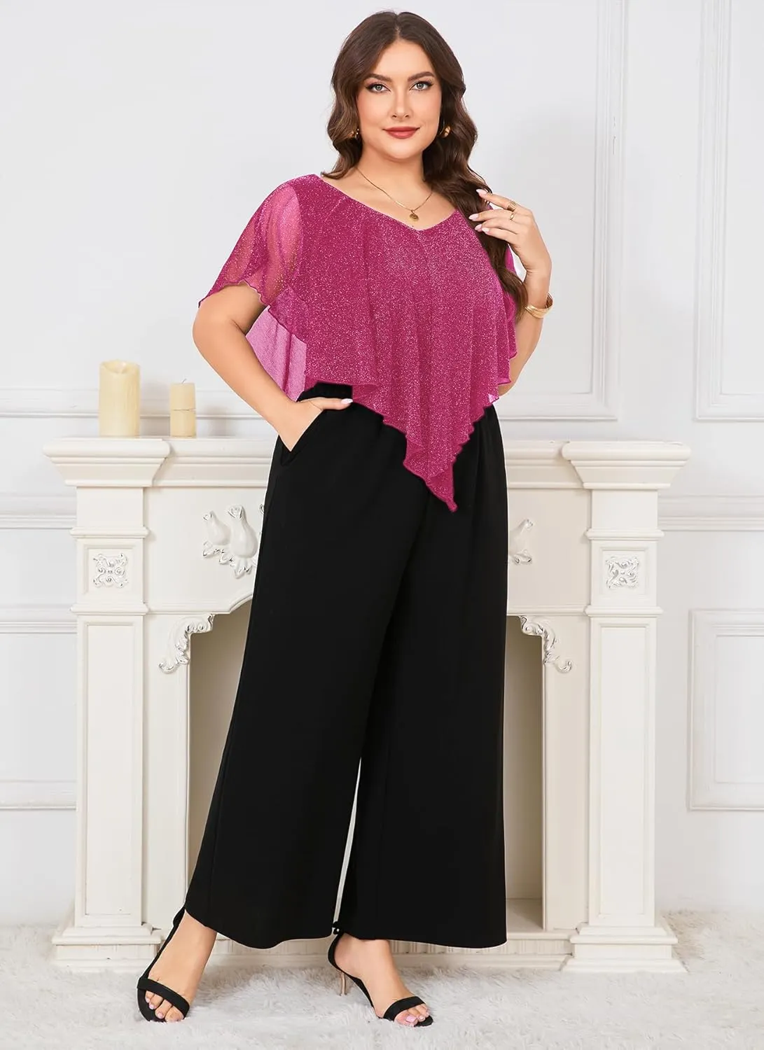 ZOMVA Plus Size Womens Pant Suit Sparkly Mesh V Neck Wide Leg Mother of The Bride Pant Suits with Pockets Evening Party