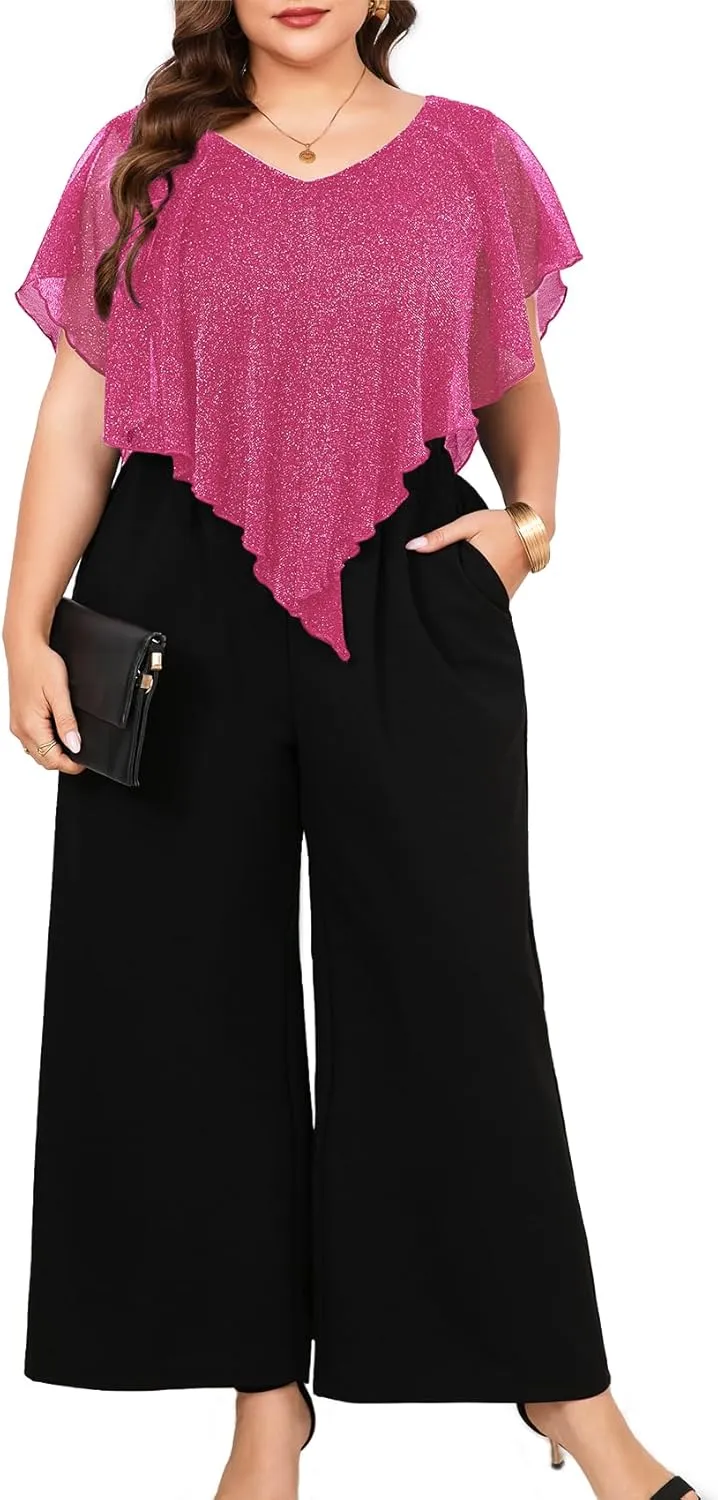ZOMVA Plus Size Womens Pant Suit Sparkly Mesh V Neck Wide Leg Mother of The Bride Pant Suits with Pockets Evening Party