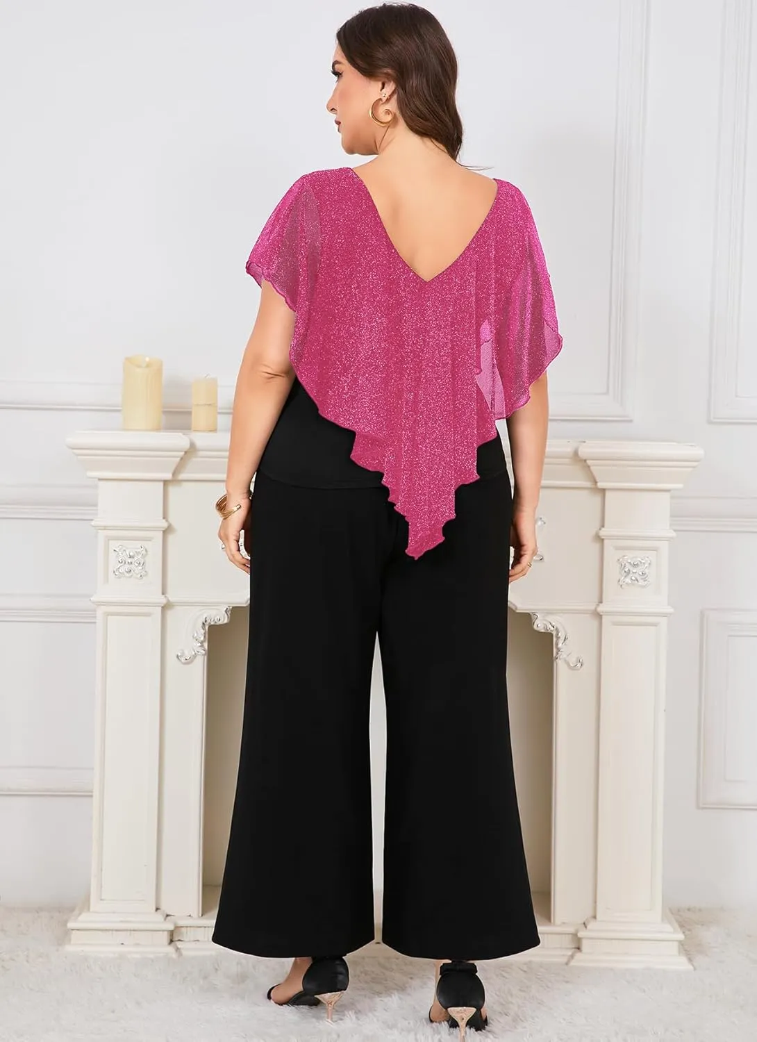 ZOMVA Plus Size Womens Pant Suit Sparkly Mesh V Neck Wide Leg Mother of The Bride Pant Suits with Pockets Evening Party