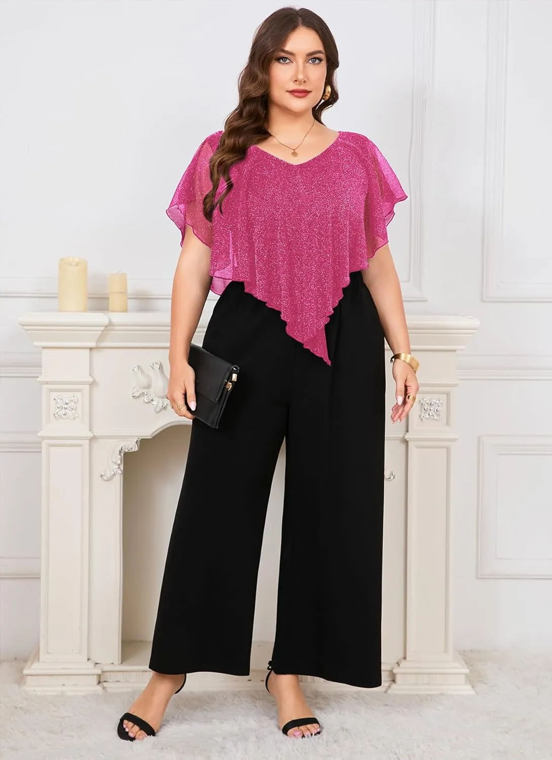 ZOMVA Plus Size Womens Pant Suit Sparkly Mesh V Neck Wide Leg Mother of The Bride Pant Suits with Pockets Evening Party