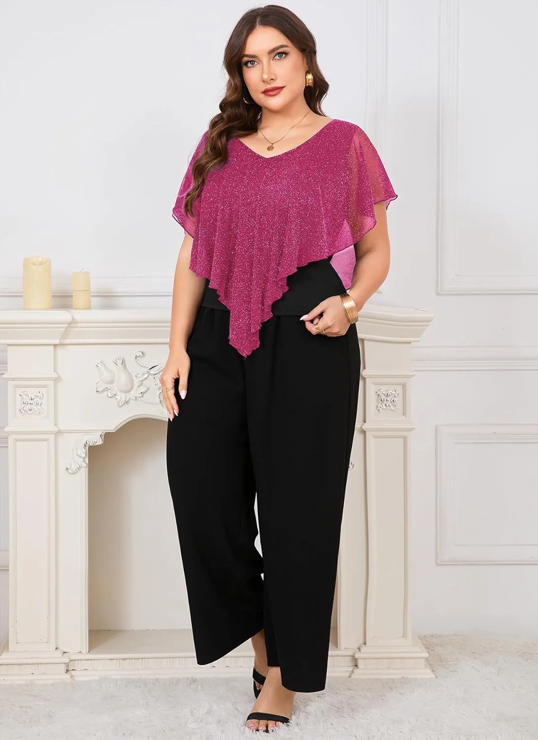 ZOMVA Plus Size Womens Pant Suit Sparkly Mesh V Neck Wide Leg Mother of The Bride Pant Suits with Pockets Evening Party