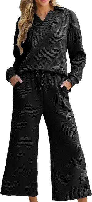 Zontroldy Women's 2 Piece Sets Fall Outfits Pollever Sweatshirt Wide Leg Pants Matching Set Tracksuit