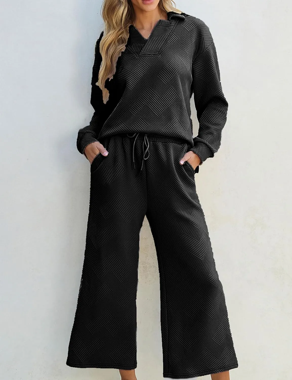 Zontroldy Women's 2 Piece Sets Fall Outfits Pollever Sweatshirt Wide Leg Pants Matching Set Tracksuit