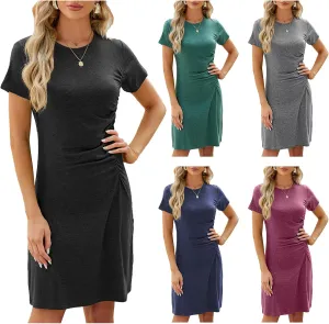 ZWRXW Women's Summer Casual Dresses Crew Neck Short Sleeve T Shirt Dress Side Ruched Bodycon Midi Dress Daily Wear Dresses
