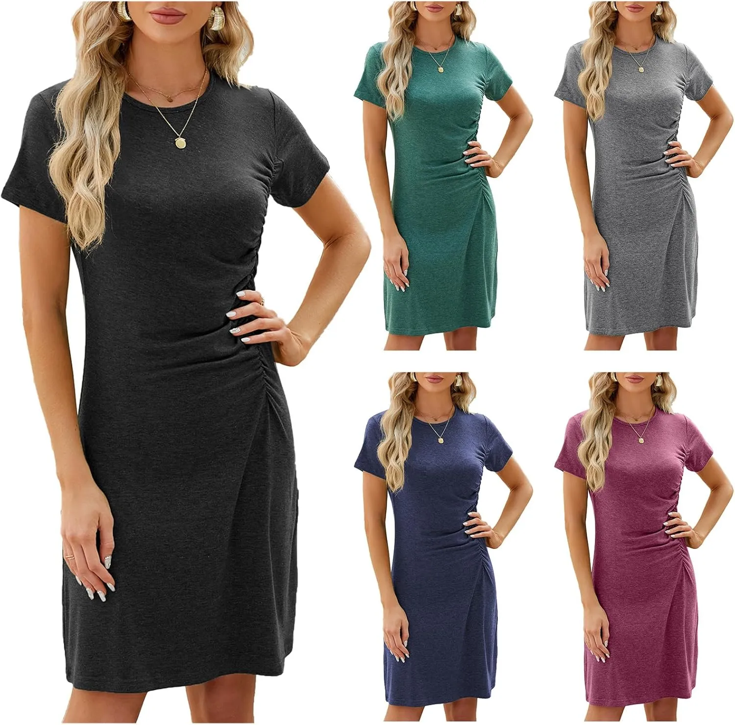 ZWRXW Women's Summer Casual Dresses Crew Neck Short Sleeve T Shirt Dress Side Ruched Bodycon Midi Dress Daily Wear Dresses